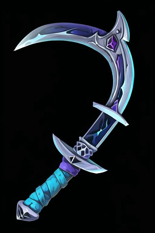 necromancer scythe sword, ornate blade, purple handle with bandages, cyan glow <lora:sxz-2dicon:1>