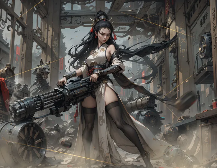 Masterpiece, exquisite, 8k, 1 girl, exquisite long hair, swordsman, (Chinese armor:1.1), Hanfu, Cyberpunk, mechanical prosthetics, (high stockings:1.1) (Machine gun, Gatling:1.2) <lora:nijiMecha:0.5> <lora:wuxia2:0.55> <lora:EABA_v1:0.2> <lora:hanfuTang31:0.2> <lora:gatling_gun_lora01:0.9>