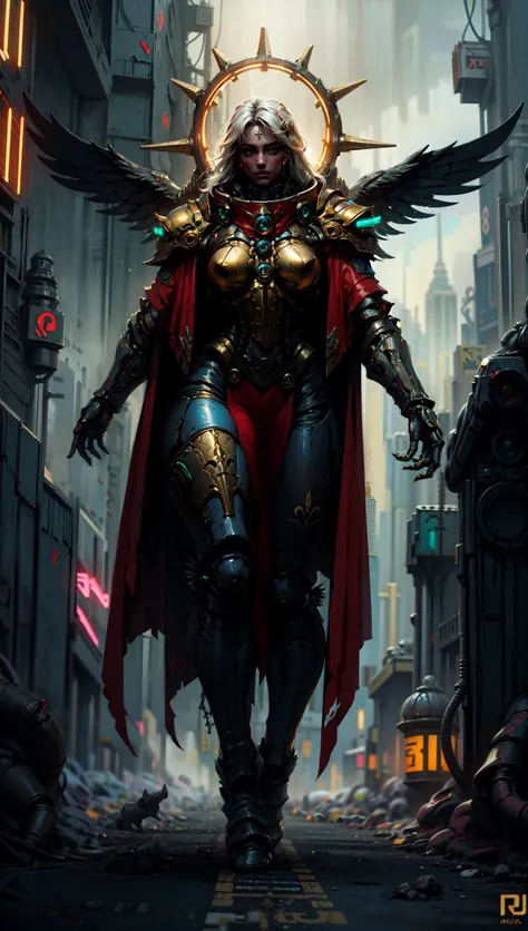 robort derpd, Saint Celestine elite corporate enforcer patrolling the streets, wearing detailed (gold armor:1.2) red robes red cape, iron halo,wings,scifi mega corporation, cyberpunk scene, busy street, neon lights, <lora:FINAL Robort:0.5> <lora:derpd - DerpdeedooStyle:0.5> <lora:Saint Celestine MK1 by CARAXES:0.7>