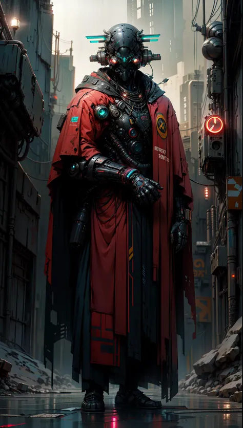 robort derpd ranger  working for scifi mega corporation, elite corporate enforcer patrolling the streets, wearing detailed multi color robes cape, corporate offices,cyberpunk scene, busy street, neon lights,  <lora:FINAL Robort:0.6> <lora:knight_v4.1SD:0.5> <lora:derpd - DerpdeedooStyle:0.9>