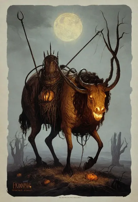 score_9, score_8_up, score_8, ultra detailed, Dark Fantasy Art, Dark Moody Atmosphere, A menacing pumpkin-headed scarecrow looms in a moonlit cornfield, wielding a rusted pitchfork. Eerie orange light flickers within its carved grimace. Tattered robes billow in the autumn wind. Mystical runes glow on its straw-stuffed body, evoking ancient harvest rituals., dramatic, mysterious, dark moody atmosphere, dark, moody, dark fantasy style