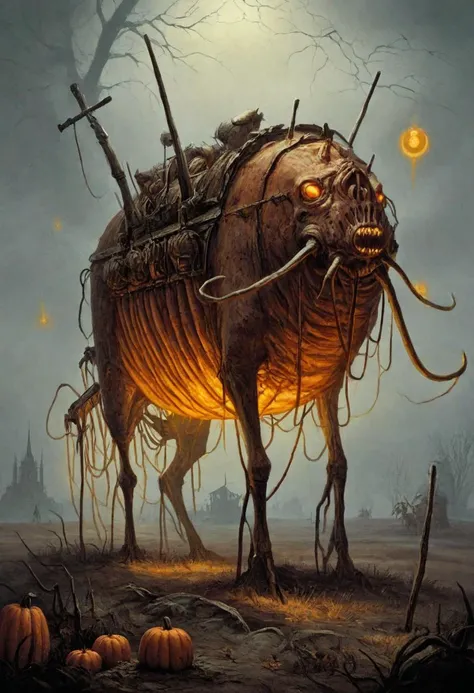 score_9, score_8_up, score_8, ultra detailed, Dark Fantasy Art, Dark Moody Atmosphere, A menacing pumpkin-headed scarecrow looms in a moonlit cornfield, wielding a rusted pitchfork. Eerie orange light flickers within its carved grimace. Tattered robes billow in the autumn wind. Mystical runes glow on its straw-stuffed body, evoking ancient harvest rituals., dramatic, mysterious, dark moody atmosphere, dark, moody, dark fantasy style