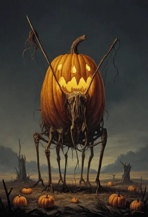 score_9, score_8_up, score_8, ultra detailed, Dark Fantasy Art, Dark Moody Atmosphere, A menacing pumpkin-headed scarecrow looms in a moonlit cornfield, wielding a rusted pitchfork. Eerie orange light flickers within its carved grimace. Tattered robes billow in the autumn wind. Mystical runes glow on its straw-stuffed body, evoking ancient harvest rituals., dramatic, mysterious, dark moody atmosphere, dark, moody, dark fantasy style