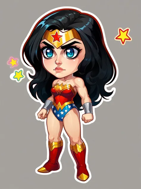 score_8_up, score_7_up, 1girl, wonder woman, black hair, tiara, leotard, sticker, chibi, outline, simple background, herowars style,