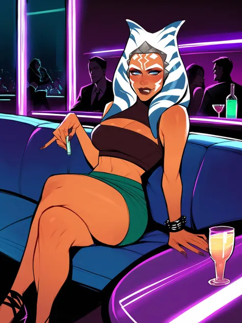 score_8_up, score_7_up, ahsoka tano sitting on couch in dark club, nightclub interior, table, makeup, neon light, skirt, crop top, cutout, wide hips, crossed legs, seductive smile, cherrygig style