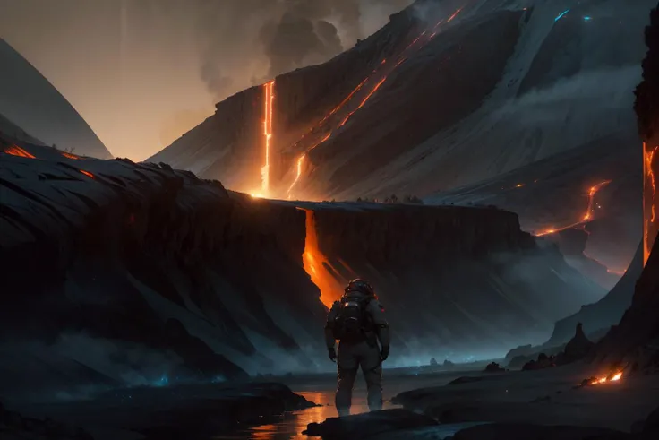 masterpiece, best quality, <lora:epiNoiseoffset_v2:1>, <lora:add_detail:1>, high resolution, absurdres, detailed background, detailed, ambient soft lighting, 4K, ray tracing, hdr, volumetric lighting, science fiction,
an astronaut stepping into a river of lava,
volcano, lava flow, ash, smoke, volcanic eruption,
1man, from behind, center frame, outer space, spacesuit,