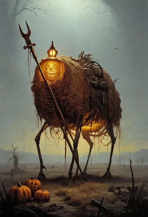 score_9, score_8_up, score_8, ultra detailed, Dark Fantasy Art, Dark Moody Atmosphere, A menacing pumpkin-headed scarecrow looms in a moonlit cornfield, wielding a rusted pitchfork. Eerie orange light flickers within its carved grimace. Tattered robes billow in the autumn wind. Mystical runes glow on its straw-stuffed body, evoking ancient harvest rituals., dramatic, mysterious, dark moody atmosphere, dark, moody, dark fantasy style