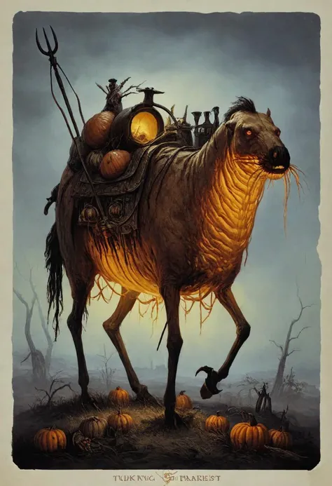 score_9, score_8_up, score_8, ultra detailed, Dark Fantasy Art, Dark Moody Atmosphere, A menacing pumpkin-headed scarecrow looms in a moonlit cornfield, wielding a rusted pitchfork. Eerie orange light flickers within its carved grimace. Tattered robes billow in the autumn wind. Mystical runes glow on its straw-stuffed body, evoking ancient harvest rituals., dramatic, mysterious, dark moody atmosphere, dark, moody, dark fantasy style