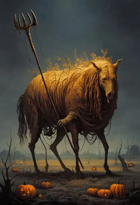 score_9, score_8_up, score_8, ultra detailed, Dark Fantasy Art, Dark Moody Atmosphere, A menacing pumpkin-headed scarecrow looms in a moonlit cornfield, wielding a rusted pitchfork. Eerie orange light flickers within its carved grimace. Tattered robes billow in the autumn wind. Mystical runes glow on its straw-stuffed body, evoking ancient harvest rituals., dramatic, mysterious, dark moody atmosphere, dark, moody, dark fantasy style