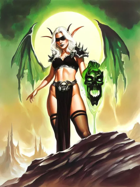 score_8_up, score_7_up, illidari demon hunter woman standing on cliff holding single glowing skull, eyes glowing through blindfold, white hair, green glowing tattoo, bandages, black crop top, demon wings, pointy ears, horns, spiked ornate shoulder pads, black pelvic curtain, thighhighs, night, moon, reflective water, dynamic pose, warcraft, retro artstyle, alex ross style