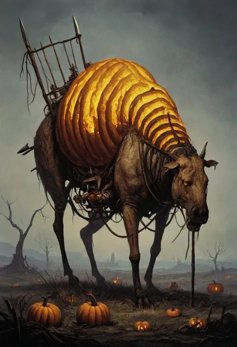 score_9, score_8_up, score_8, ultra detailed, Dark Fantasy Art, Dark Moody Atmosphere, A menacing pumpkin-headed scarecrow looms in a moonlit cornfield, wielding a rusted pitchfork. Eerie orange light flickers within its carved grimace. Tattered robes billow in the autumn wind. Mystical runes glow on its straw-stuffed body, evoking ancient harvest rituals., dramatic, mysterious, dark moody atmosphere, dark, moody, dark fantasy style