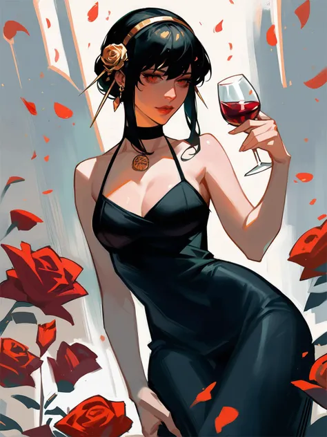 score_8_up, score_7_up, cowboy shot of yor briar holding wine glass, black dress, wide hips, petals particles, painting style, sepia, simple background,