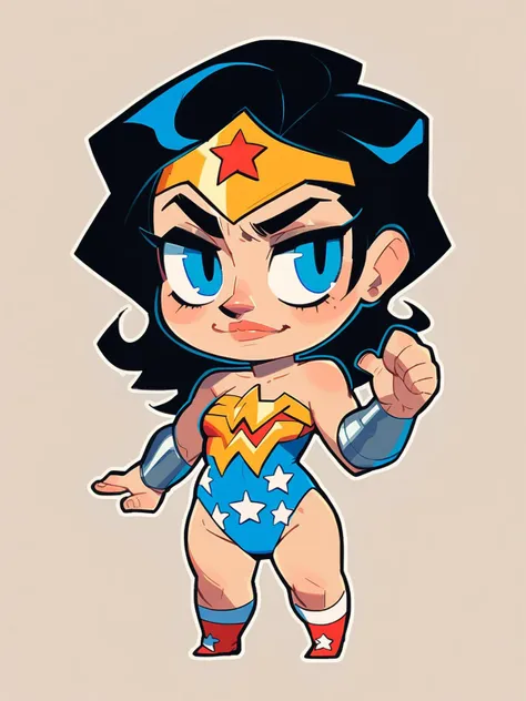 score_8_up, score_7_up, 1girl, wonder woman, black hair, tiara, leotard, sticker, chibi, outline, simple background,
