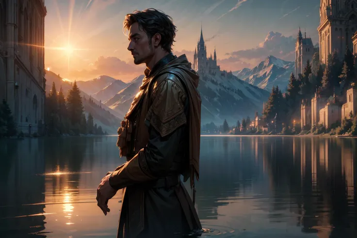 masterpiece, best quality, <lora:epiNoiseoffset_v2:1>, <lora:add_detail:1>, high resolution, absurdres, detailed background, detailed, ambient soft lighting, 4K, ray tracing, hdr, volumetric lighting,
a man staring out over a lake as the sun rises