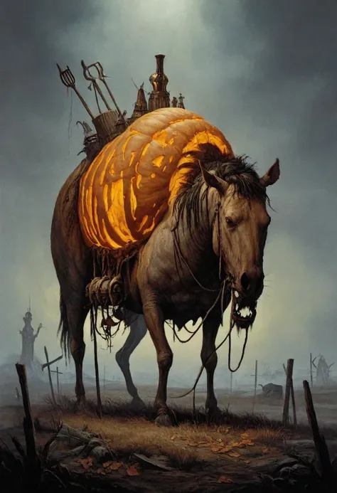 score_9, score_8_up, score_8, ultra detailed, Dark Fantasy Art, Dark Moody Atmosphere, A menacing pumpkin-headed scarecrow looms in a moonlit cornfield, wielding a rusted pitchfork. Eerie orange light flickers within its carved grimace. Tattered robes billow in the autumn wind. Mystical runes glow on its straw-stuffed body, evoking ancient harvest rituals., dramatic, mysterious, dark moody atmosphere, dark, moody, dark fantasy style