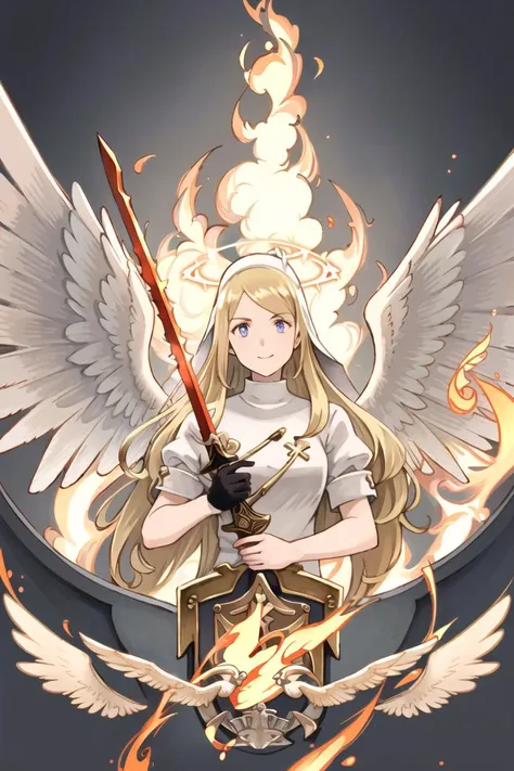 ((best quality)), ((highly detailed)), masterpiece, extremely detailed face, beautiful face, (detailed eyes, deep eyes), (1girl), upper body, ((archangel with a flaming sword and a shield)), angelic, large white wings, symmetrical wings, (halo), golden glow, calm smile, long hair, flowing (nun, habit), (cross), Golden Blonde hair, purple eyes, (floating hair), (clouds), (on a stairway), <lora:yoshida_akihiko:1>, yoshida akihiko