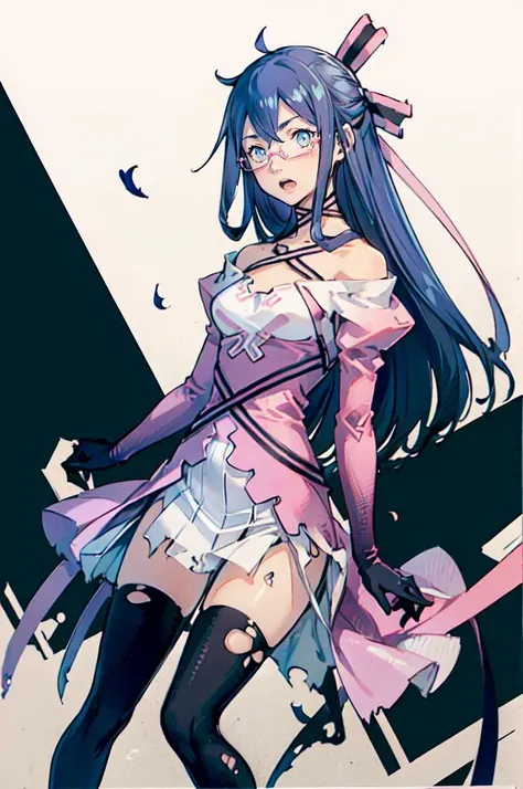 solo, <lora:Midori:0.9> midoridesu, blue eyes, blue hair, long hair, glasses, hair ribbon, ribbon, pink dress, black thighhighs, gloves, surprised, open mouth,  <lora:yoshida_akihiko_offset:*****shida akihiko, torn clothes,, absurdres, ultra detailed, masterpiece, best quality, aesthetic, detailed,