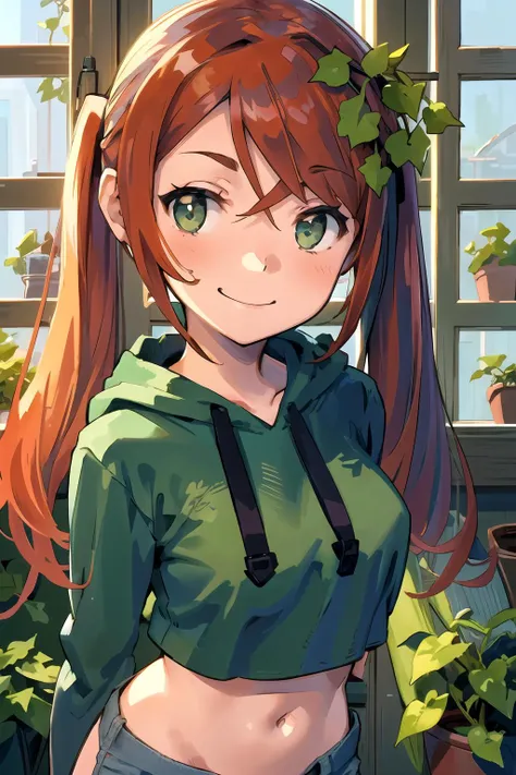 1girl, twintails, redhead, smiling, happy, green crop-top hoodie, tight jeans, bright, whimsical, rustic studio, workshop, plants, vines, ivy, sunlight, windows, masterpiece <lora:Yoshida Akihiko:0.8>