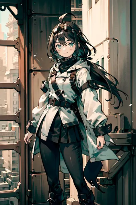 <lora:yoshida_akihiko_offset:1> yoshida akihiko,, ultra detailed, masterpiece, best quality, aesthetic, detailed,, katya1, solo, smile, 1girl, aqua eyes, black hair, <lora:low_ponytail-1.0:0.7> low ponytail, ahoge, absurdly long hair, very long hair, hair flaps, hair between eyes, bangs, crossed bangs, messy hair, small breasts, goggles on head, closed mouth,, hooded coat, open coat, turtleneck, pants, black knee boots, multiple straps, white coat, layered clothes, hair ribbon, pants under skirt,