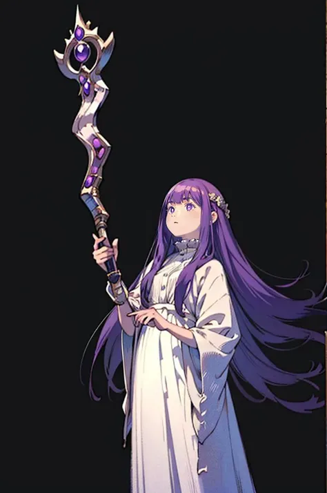 <lora:yoshida_akihiko_offset:1> yoshida akihiko,  <lora:Fern:1> FernFrieren, very long hair, purple eyes, (purple pupils), white dress, black robe, holding magic staff,, ultra detailed, masterpiece, best quality, aesthetic, detailed,