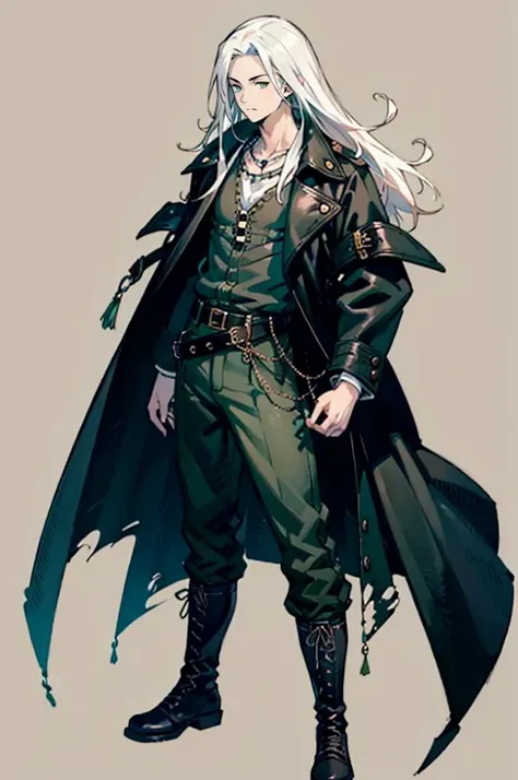 <lora:yoshida_akihiko_offset:1> yoshida akihiko,, ultra detailed, masterpiece, best quality, aesthetic, detailed,, solo, 1boy, teal eyes, <lora:Tsurime3:1>, (tsurime:1.2), parted bangs, white hair, medium hair, straight hair, shoulder-length hair, male focus,, coat, shirt, pants, studded belt, multiple belts, combat boots, torn clothes, necklace, black coat, black and green theme,