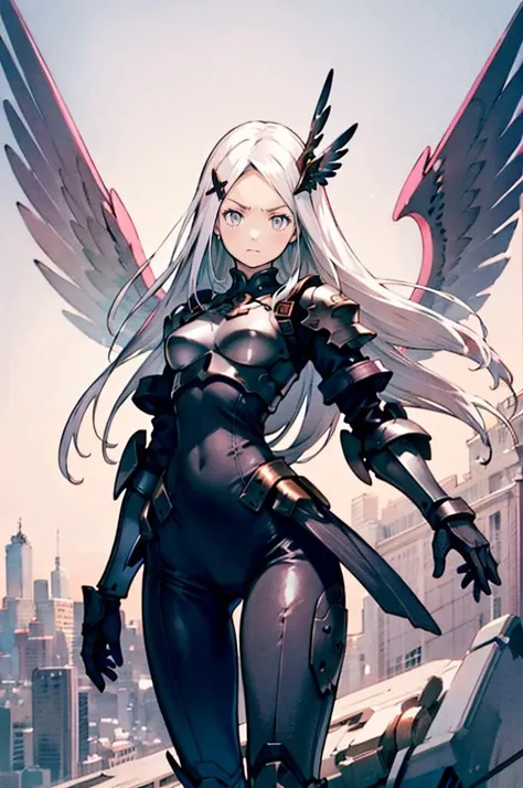 <lora:OmarDogan_08v2:0.9>, ultra detailed, masterpiece, best quality,, serious, 1girl, (white eyes:1.1), (grey eyes:1.3), white hair, very long hair, parted hair, parted bangs, <lora:parted_hair_v1.3:1.3>, medium breasts,, valkyrie, (bodysuit:1.1), pink wing hair ornament, grey armored skirt, black bodysuit, armor, gauntlets, pink breastplate, greaves, armored dress, pink hues,