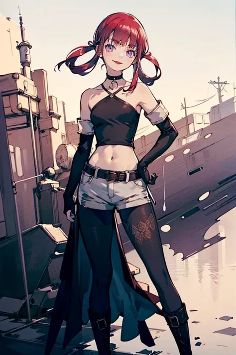 <lora:yoshida_akihiko_offset:1> yoshida akihiko,, ultra detailed, masterpiece, best quality, aesthetic, detailed,, solo, seductive smile, red lips,
1girl, purple eyes, red hair, blunt bangs, medium breasts, <lora:hair_rings:1> low hair rings, <lora:EllaNyan:1>,, taut clothes, choker, bandeau, elbow gloves, taut shorts, lowleg shorts, navel, groin tendon, belt, patterned legwear, pantyhose, (pantyhose under shorts:1.2), high heel boots,