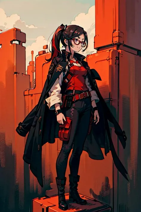 <lora:yoshida_akihiko_offset:1> yoshida akihiko,, ultra detailed, masterpiece, best quality, aesthetic, detailed,, solo, smug smile, 1girl, purple eyes, red-framed eyewear, (black hair, red colored tips:1.2), red streaked hair, very long hair, side ponytail, tied hair, medium breasts,, <lora:StS-Coat-and-Jacket-On-Shoulders-Iteration2:0.7> dataset, jacket on shoulders, coat on shoulders, red dress, sleeves rolled up, fingerless gloves, holster, belt, multiple belts, combat boots, bulletproof vest, pants, black coat, tactical clothes,