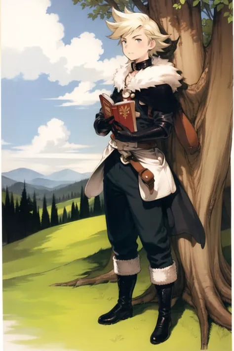 yoshida akihiko,
1boy, black gloves, blonde hair, book, boots, drop shadow, elbow gloves, full body, fur collar, gloves, pants, night, forest, tree, cloud, ringabel,
bravely default \(series\),
<lora:yoshida_akihiko:0.6>