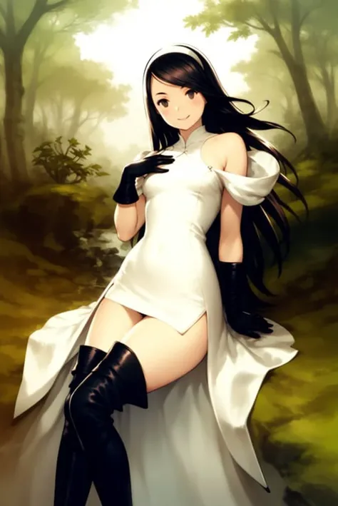yoshida akihiko, 1girl, agnes oblige, arm support, bangs, black eyes, black gloves, black hair, black thighhighs, boots, dress, forest, gloves, hairband, hand on own chest, leg up, long hair, nature, smile, solo, swept bangs, thigh boots, thighhighs, white dress , bravely default: flying fairy, bravely default \(series\), <lora:akihikoYoshidaBravelyDefault_1:0.6>