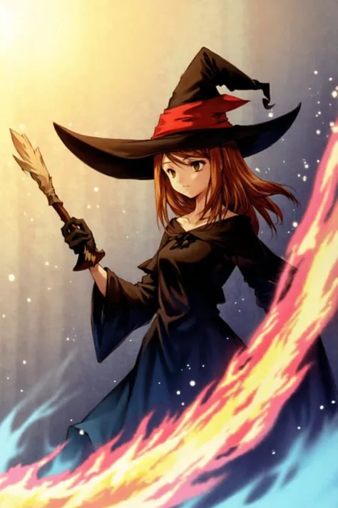 <lora:akihikoYoshidaBravelyDefault_1:0.6>, 1girl, tachi-e, solo, solo focus, <lora:moon-v2:0.4>,
(black mage), witch, witch hat, frayed clothes, surrounded by fire, light particles, depth of field, (halation)