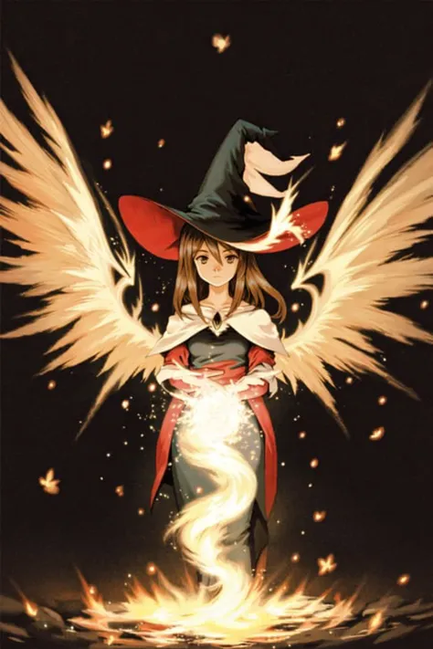 <lora:akihikoYoshidaBravelyDefault_1:0.6>, 1girl, tachi-e, solo, solo focus, <lora:moon-v2:0.4>,

(black mage), witch, witch hat, frayed clothes, surrounded by fire, surrounded by ice, light particles, depth of field, (halation), glowing wings,