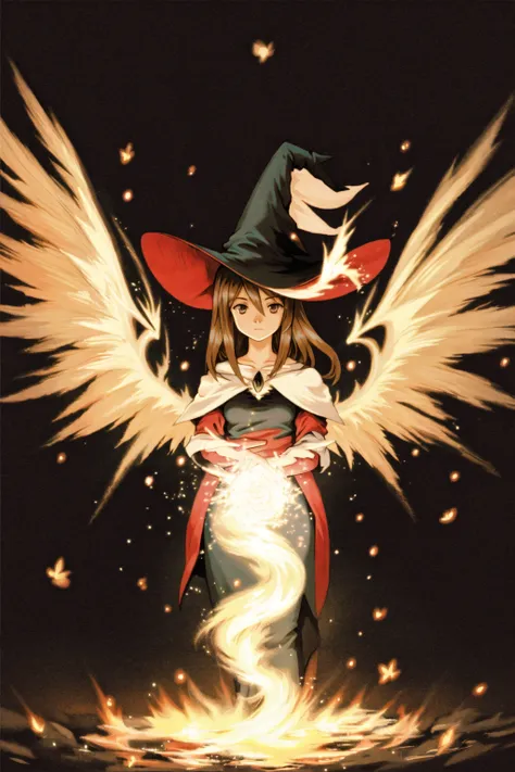 <lora:akihikoYoshidaBravelyDefault_1:0.6>, 1girl, tachi-e, solo, solo focus, <lora:moon-v2:0.4>,
(black mage), witch, witch hat, frayed clothes, surrounded by fire, surrounded by ice, light particles, depth of field, (halation), glowing wings,