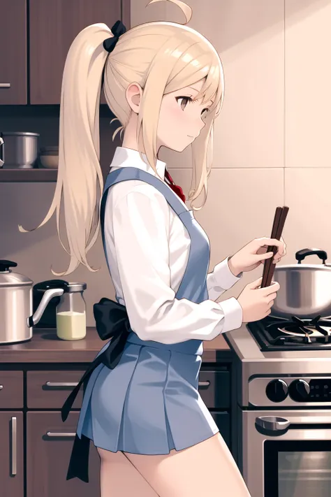 yoshida akihiko,
1girl, ahoge, apron, bangs, blonde hair, brown eyes, chopsticks, cooking, from side, frying pan, kitchen, long hair, long sleeves, miniskirt, pleated skirt, school uniform, shirt, side ponytail, sidelocks, skirt, solo, stove, white shirt
<lora:yoshida_akihiko:0.6>