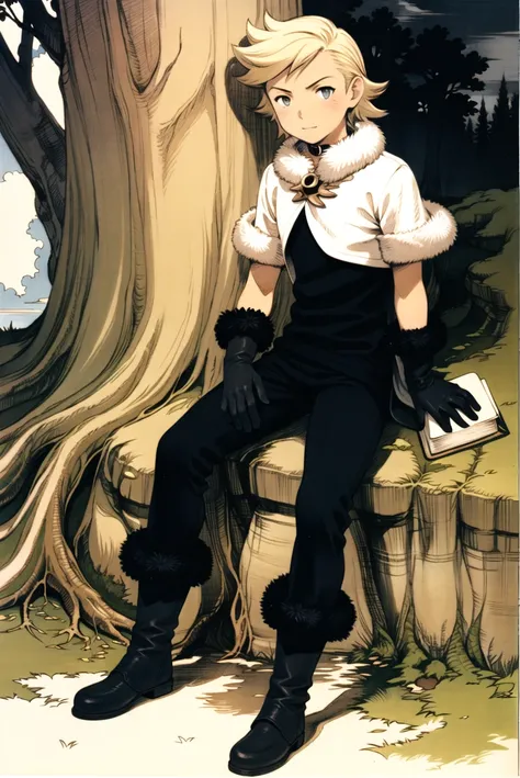 yoshida akihiko,
1boy, black gloves, blonde hair, book, boots, drop shadow, elbow gloves, full body, fur collar, gloves, pants, night, forest, tree, cloud, ringabel,
bravely default \(series\),
<lora:yoshida_akihiko:0.6>