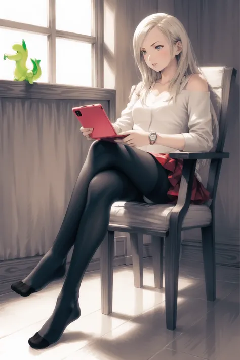 yoshida akihiko, 

1girl, black pantyhose, blonde hair, cameo, casual, chair, contemporary, cosplay, cover, cover page, crossed legs, dragon, handheld game console, lips, long hair, miniskirt, no shoes, pantyhose, sitting, skirt, sleeves pushed up, solo, video game, white mage \(cosplay\), window, chocobo, slime \(dragon quest\), white mage, original, final fantasy, dragon quest, square enix, 

<lora:yoshida_akihiko:0.6>