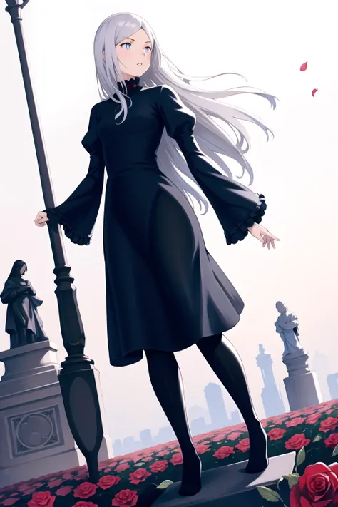 yoshida akihiko,
1girl, black dress, black flower, black pantyhose, black rose, blue eyes, dress, dutch angle, feet out of frame, floating hair, flower, grey hair, juliet sleeves, long hair, long sleeves, looking away, looking to the side, pantyhose, parted lips, petals, puffy sleeves, rose, solo, standing, statue, very long hair, wide sleeves
<lora:yoshida_akihiko:0.6>
