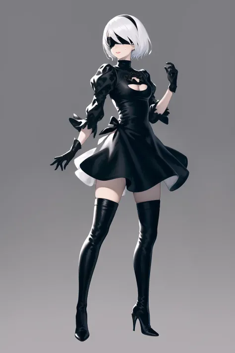 yoshida akihiko, 1girl, yorha no. 2 type b, black blindfold, black dress, blindfold, boots, cleavage cutout, clothing cutout, dress, full body, gloves, high heel boots, high heels, mole, mole under mouth, puffy sleeves, short hair, simple background, solo, standing, thigh boots, thighhighs, two-sided dress, two-sided fabric, white hair <lora:yoshida_akihiko:0.6>