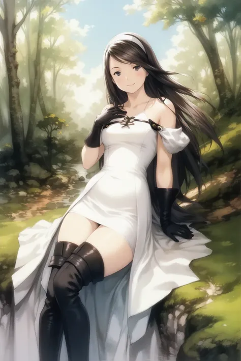yoshida akihiko, 1girl, agnes oblige, arm support, bangs, black eyes, black gloves, black hair, black thighhighs, boots, dress, forest, gloves, hairband, hand on own chest, leg up, long hair, nature, smile, solo, swept bangs, thigh boots, thighhighs, white dress , bravely default: flying fairy, bravely default \(series\), <lora:yoshida_akihiko:0.6>