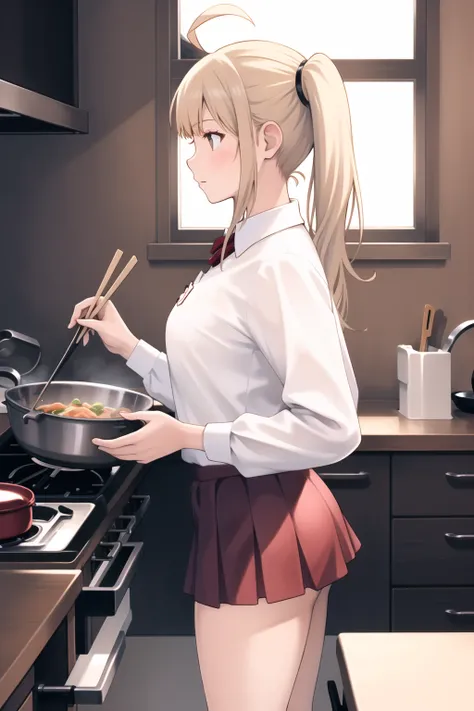 yoshida akihiko,
1girl, ahoge, apron, bangs, blonde hair, brown eyes, chopsticks, cooking, from side, frying pan, kitchen, long hair, long sleeves, miniskirt, pleated skirt, school uniform, shirt, side ponytail, sidelocks, skirt, solo, stove, white shirt
<lora:yoshida_akihiko:0.6>