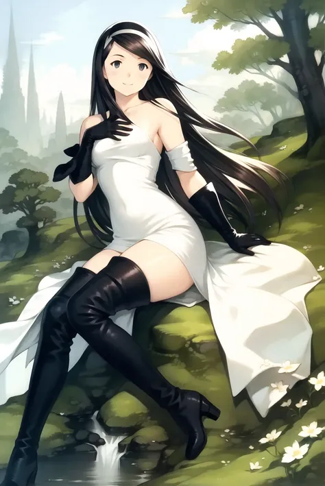yoshida akihiko, 1girl, agnes oblige, arm support, bangs, black eyes, black gloves, black hair, black thighhighs, boots, dress, forest, gloves, hairband, hand on own chest, leg up, long hair, nature, smile, solo, swept bangs, thigh boots, thighhighs, white dress , bravely default: flying fairy, bravely default \(series\), <lora:yoshida_akihiko:0.6>