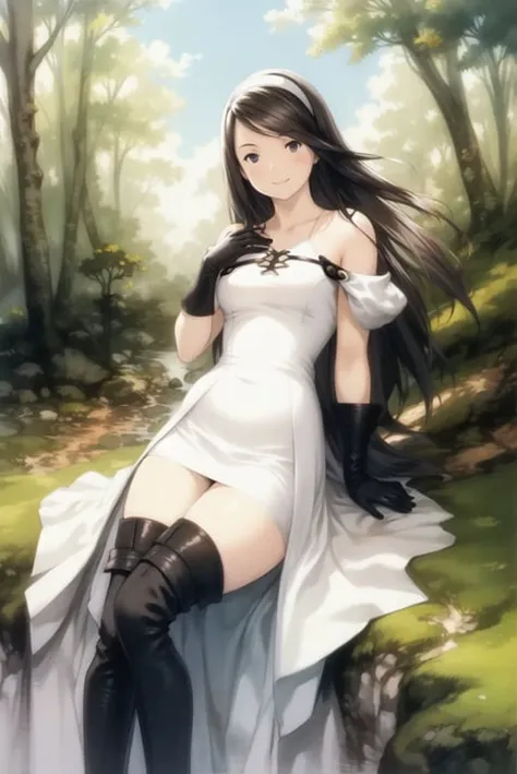 yoshida akihiko, 1girl, agnes oblige, arm support, bangs, black eyes, black gloves, black hair, black thighhighs, boots, dress, forest, gloves, hairband, hand on own chest, leg up, long hair, nature, smile, solo, swept bangs, thigh boots, thighhighs, white dress , bravely default: flying fairy, bravely default \(series\), <lora:yoshida_akihiko:0.6>