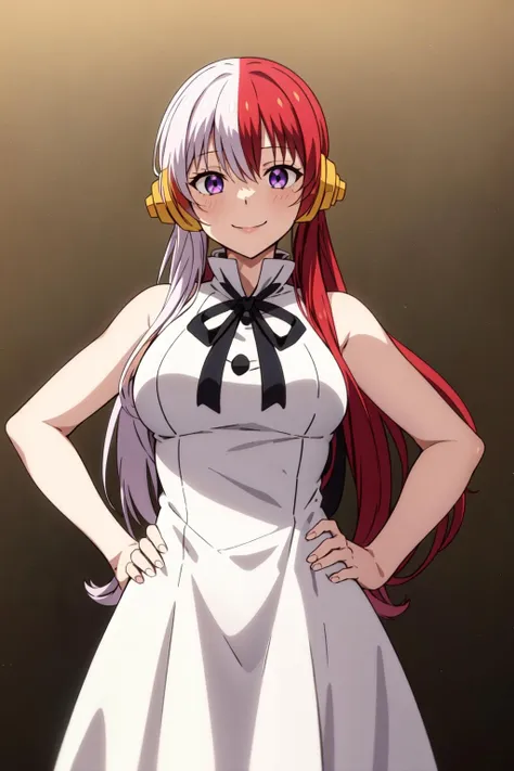 (Masterpiece), high quality, best quality, Uta, one piece, multicolored hair, purple eyes, twintail, two-tone hair, white hair, red hair, <lora:Uta_one_piece:0.7>, solo, long hair, breasts, looking at viewer, smile, dress, ribbon, 1girl, white dress, hair over one eye, hand on hip, black ribbon, headphones, parody, hair rings, split-color hair