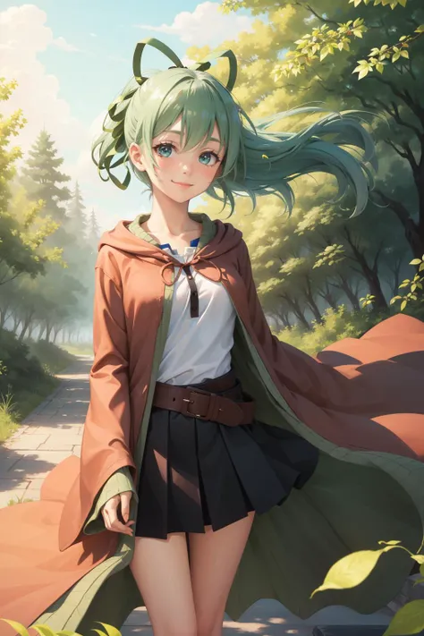masterpiece, best quality, wynn, hair ribbon, brown robe, white shirt, belt, black skirt, upper body, looking at viewer, smile, closed mouth, forest, blowing wind, leaves <lora:wynn-nvwls-v1-000010:0.9>