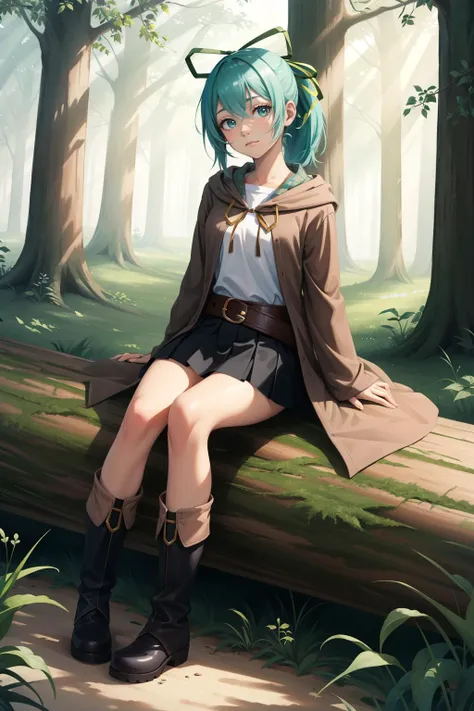 masterpiece, best quality, wynn, hair ribbon, brown robe, white shirt, belt, black skirt, boots, looking at viewer, sitting, log, forest, confused, closed mouth <lora:wynn-nvwls-v1-000010:0.9>
