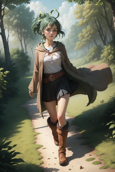masterpiece, best quality, wynn, hair ribbon, brown robe, white shirt, belt, black skirt, boots, wide shot, looking at viewer, furrowed brow, running, wind, trees, mystical forest, dense foliage, grass, sky, clouds, from above <lora:wynn-nvwls-v1-000010:0.9>
