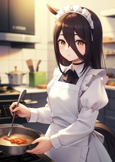 (masterpiece, best quality:1.2), extremely detailed, soft ambient lighting, sharp focus, 4K, BREAK <lora:manhattan_cafe_loha:0.7>, 1girl, solo, long black hair, yellow, eyes, horse girl, maid headdress, enmaided, black choker, ascot, puffy sleeves, long sleeves, juliet sleeves, black dress, collared dress, maid apron, white apron, frilled apron, BREAK indoors, house, kitchen, looking at viewer, indifferent, standing, ((cooking))