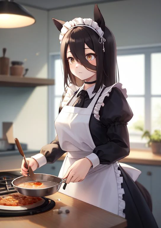 (masterpiece, best quality:1.2), extremely detailed, soft ambient lighting, sharp focus, 4K, BREAK <lora:manhattan_cafe_loha:0.7>, 1girl, solo, long black hair, yellow, eyes, horse girl, maid headdress, enmaided, black choker, ascot, puffy sleeves, long sleeves, juliet sleeves, black dress, collared dress, maid apron, white apron, frilled apron, BREAK indoors, house, kitchen, looking at viewer, indifferent, standing, ((cooking))