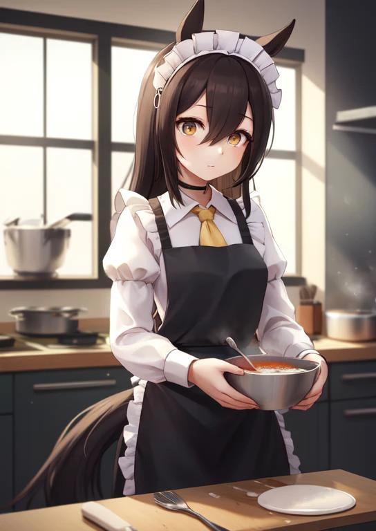 (masterpiece, best quality:1.2), extremely detailed, soft ambient lighting, sharp focus, 4K, BREAK <lora:manhattan_cafe_loha:0.7>, 1girl, solo, long black hair, yellow, eyes, horse girl, maid headdress, enmaided, black choker, ascot, puffy sleeves, long sleeves, juliet sleeves, black dress, collared dress, maid apron, white apron, frilled apron, BREAK indoors, house, kitchen, looking at viewer, indifferent, standing, ((cooking))