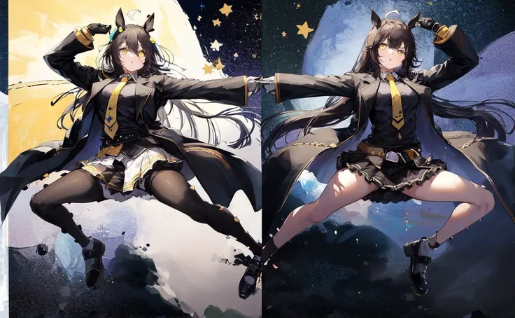 masterpiece, best quality,(2girls),(twins), manhattan cafe \(umamusume\), (wide shot:1.2),starry sky, full body,clenched hands,black choker, black gloves, long sleeves, collared shirt, yellow necktie, black vest, black coat, belt, black skirt, pleated skirt, black pantyhose, shoes, white footwear,<lora:manhattanCafe_loha:0.7>